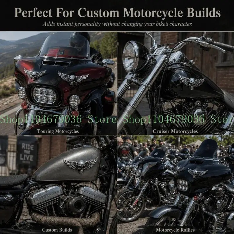 652F Dark Winged Skull Badge for Bike Body Trim, Adhesive-Backed Accent for Custom Garage Panel Display Use Projects