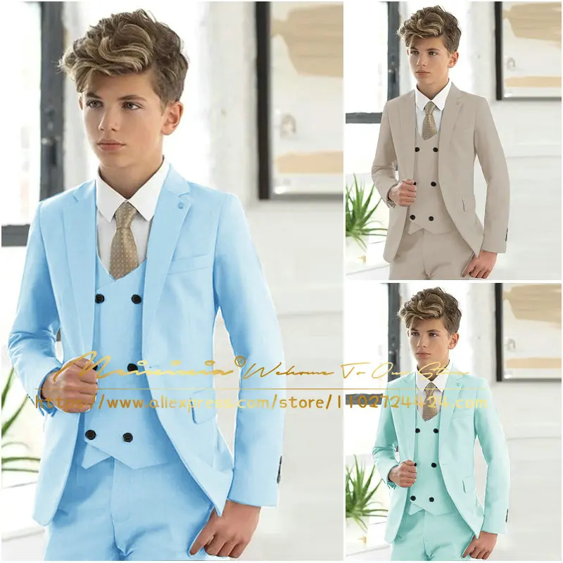 Casual Light Blue Boys Formal Suits Clothing Set Kids Coat Vest Pants 3Pcs Wedding Tuxedo Suit Children Blazer Party Costume