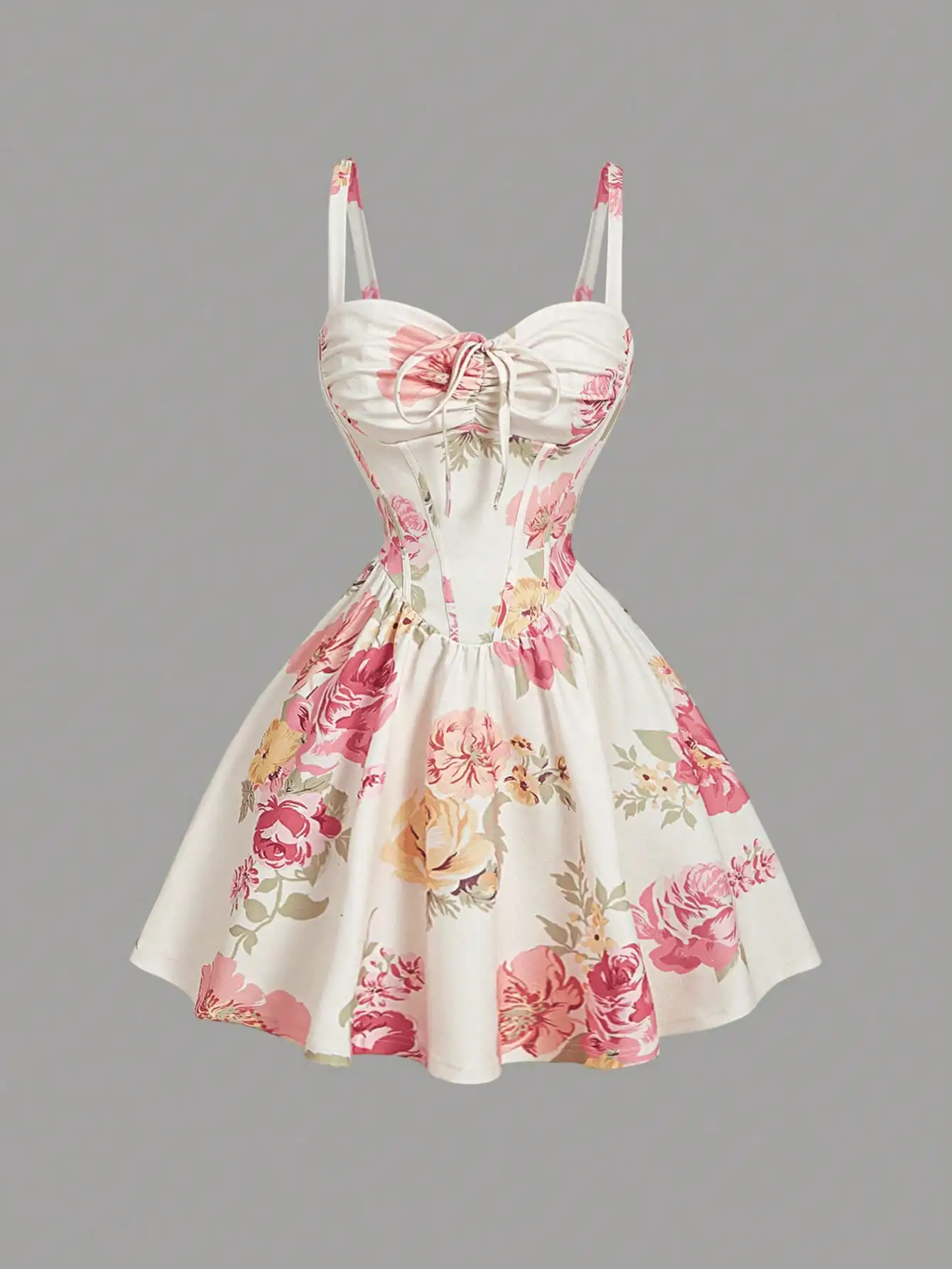 

Floral Print Ruched Waist Fit & Flare Mini Dress with Bow Detail