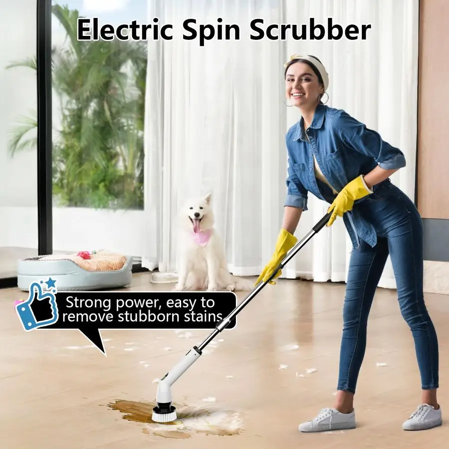 Lavapavimenti elettrico per rotazione, lavapavimenti per bagno impermeabile FullBody IPX7, 4 testine di ricambio per maniglia di estensione regolabile C elettrico