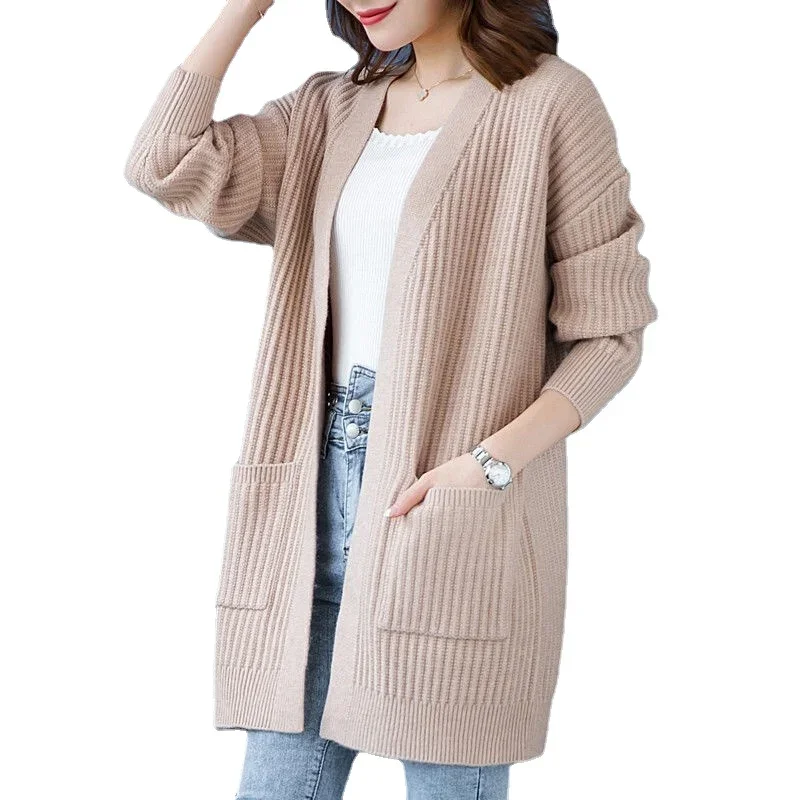 Autumn Camel Women's Long Knitted Cardigan,Khaki Women's Single-breasted Long-sleeved Sweater,Korean Fashion Long Coat,Blue Coat