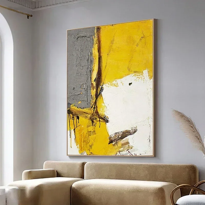Cheap And Fine Hand-painted Modern Simple Abstract Oil Painting Living Room Yellow Spell Gray Color Large Decorative Painting Ho