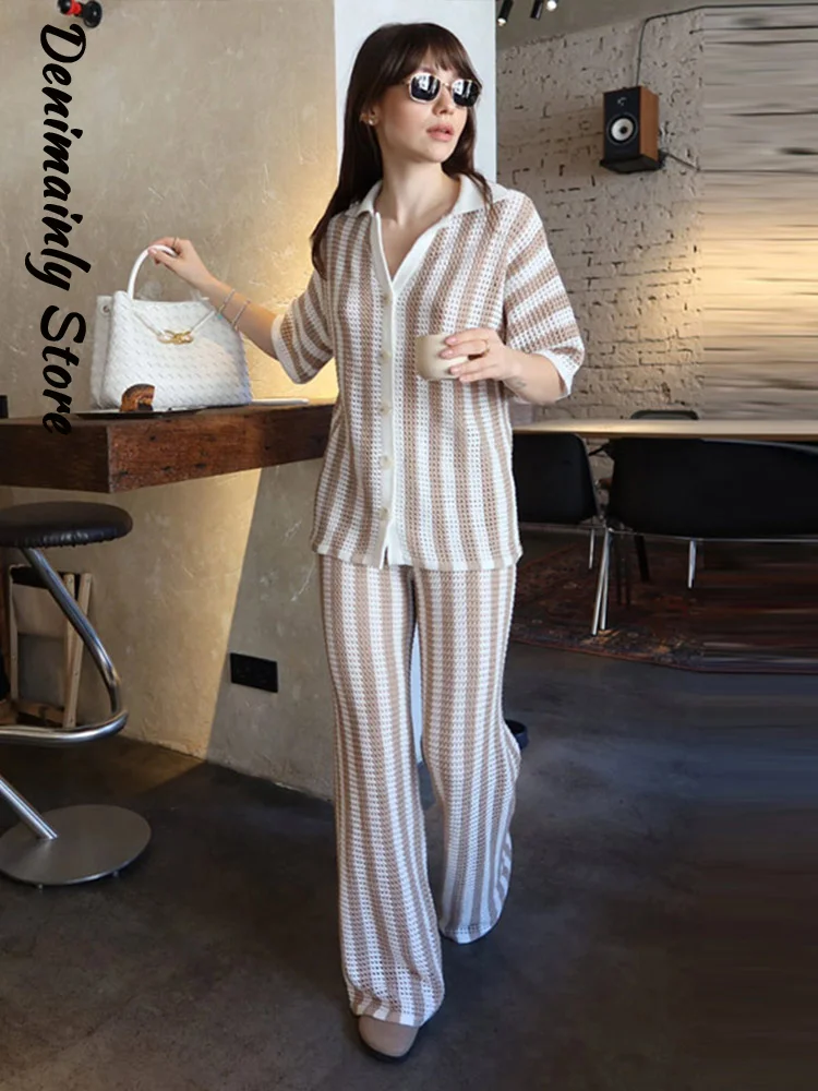

Casual Knitted Striped Pants Sets Women Hollow Out Lapel Short Sleeve Buttons Tops Wide Leg Pant 2025 Summer Lady Beach Outfit