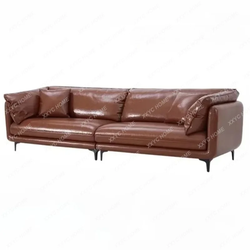 XX Medieval Oil Wax Leather Sofa Living Room Home Straight Row Solid Wood Sofa Modern Simple Leather Sofa Combination