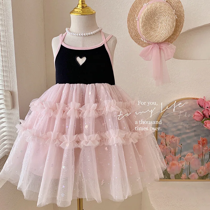 Girls Casual Dresses Love Hollow Halter Patchwork Gauze Skirt Party Dress for Kids Girl 2 To 6 Years Princess Dress for Girls