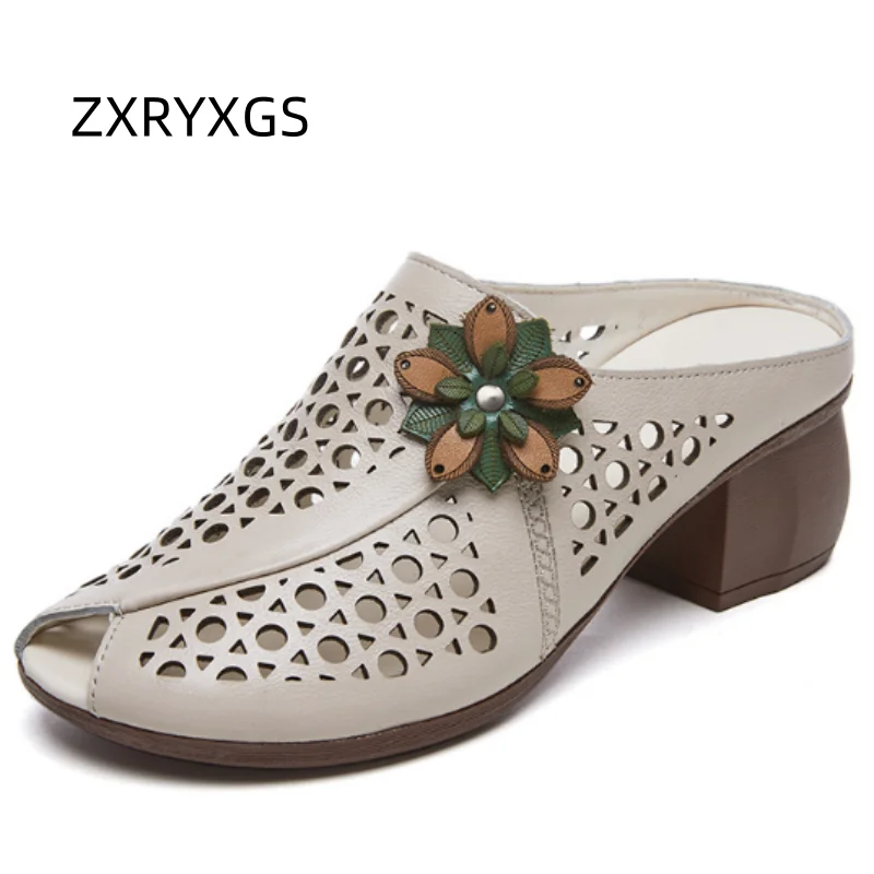 2025 New Summer Thick Bottom Slope with High Heel Slippers Genuine Leather Sandals Flowers Hollow Women Shoes Fashion Sandals