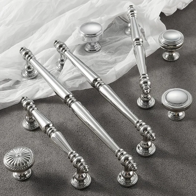 French Bright Silver Handle Brass Cream Wind Luxury European Cupboard Door Pulls Kitchen Wardrobe Drawer Furniture Small Handles