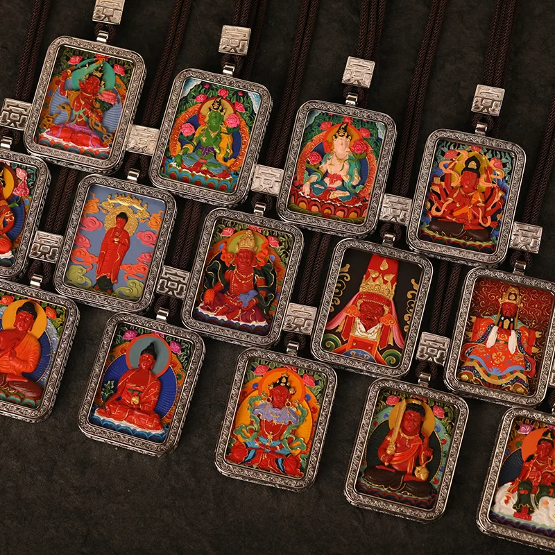 S925 Silver Inlaid Hand Painted Thangka Buddha Pendant Men's and Women's Necklace Guardian Necklace