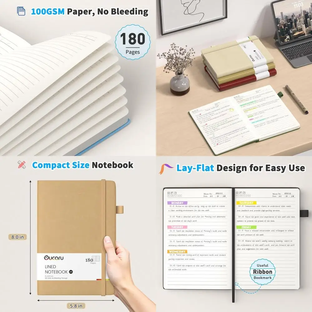 

Набор из 16 тетрадей формата А5 в линейку, 180 страниц, плотная бумага 100 г/м², идеально подходят для ежедневных записей, работы, учебы или путешествий