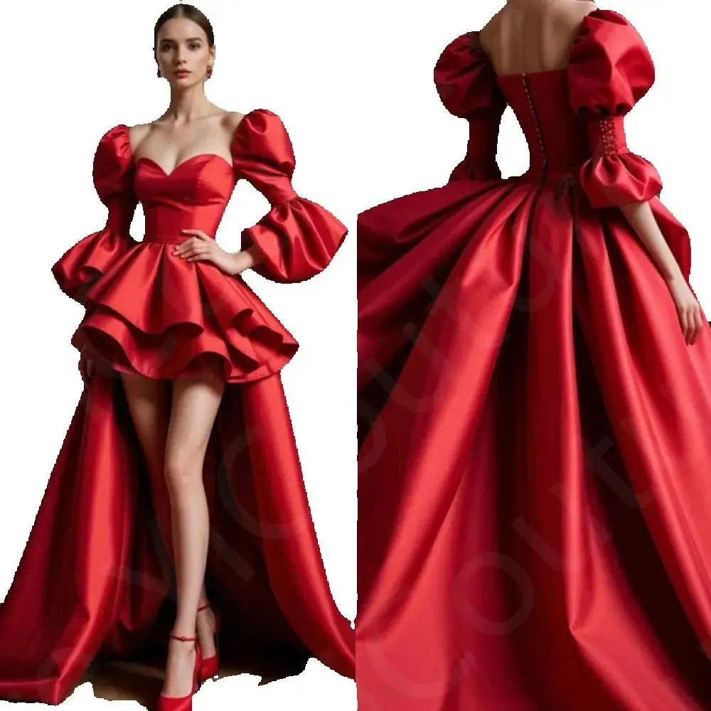Customized Charming Red Evening Dresses 2025 High Low Prom Gowns Sweetheart Puffy 3/4 Sleeves Wedding Party Dresses Back Out