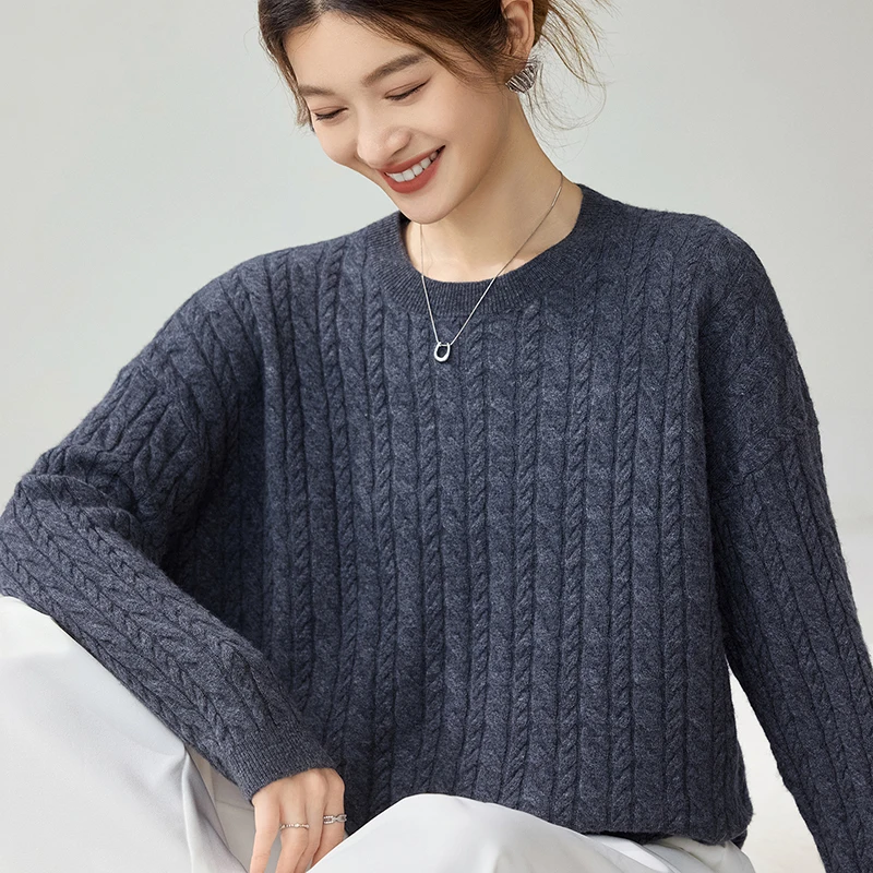 Autumn Winter 100% Premium Cashmere Ribbed Cable Knit Drop Shoulder O-Neck Sweater Women Loose Vintage Minimalist Knit Top