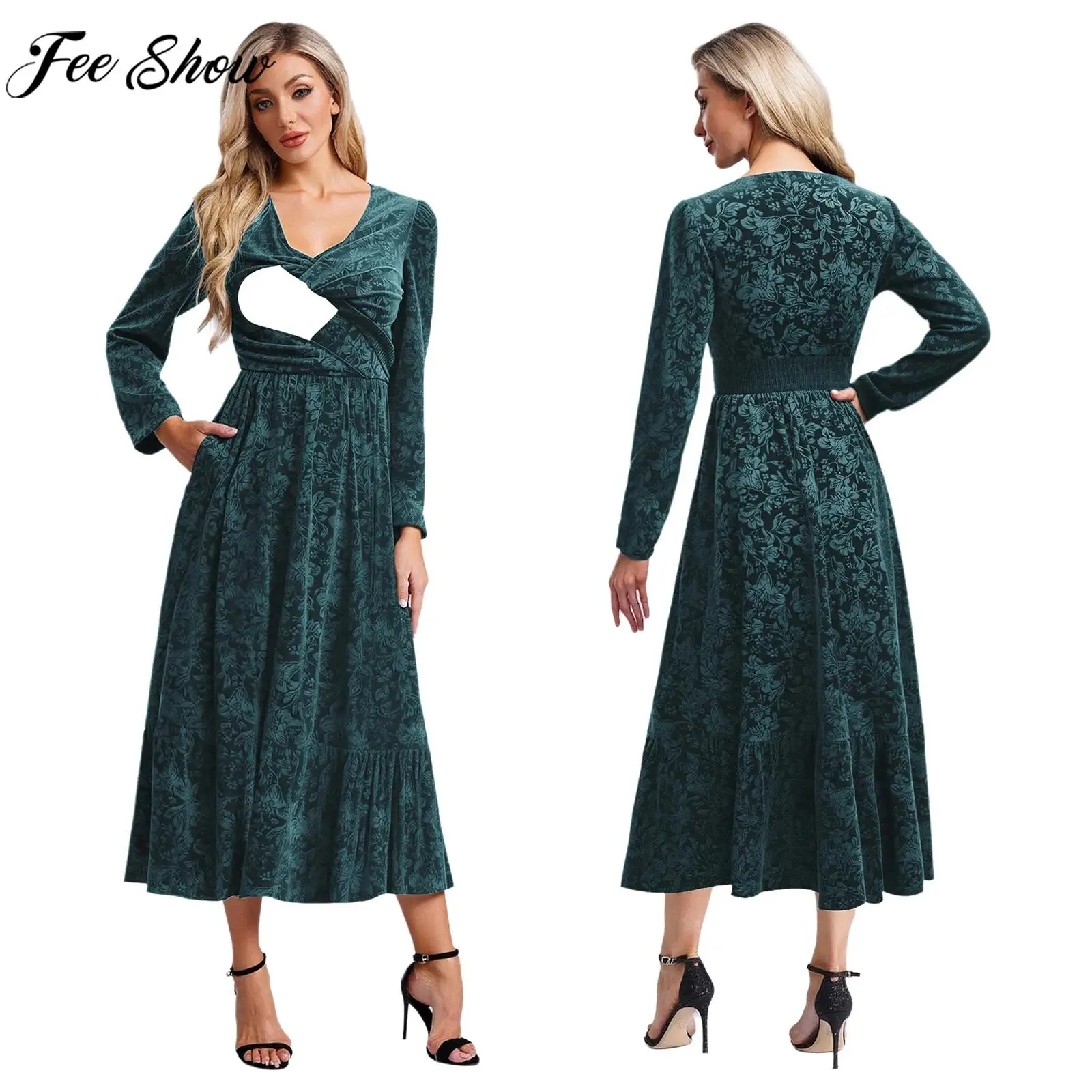 

Женское платье макси для кормления грудью с длинным рукавом и v-образным вырезом, эластичной резинкой на талии, бархатное платье с цветочным принтом для свадьбы, дня рождения