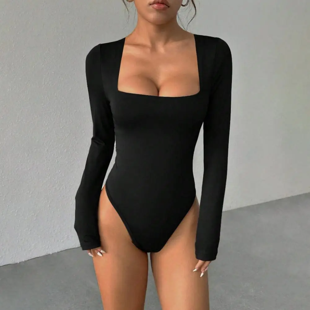 Body a maniche lunghe con clavicola Body da donna con scollo quadrato Manica lunga Slim Fit Top Autunno Basic One per stratificazione da donna