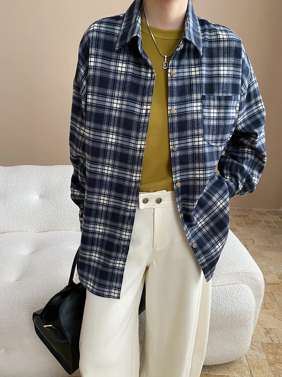 

2025 Spring And Autumn Fashion Contrast Plaid Shirt Boyfriend Style Loose Casual Drop Shoulder Sleeve Shirt Jacket Top