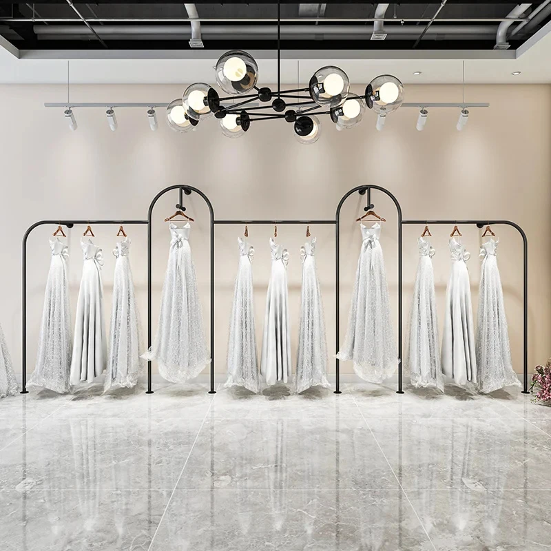 custom.Custom Retail Metal Clothing Display Rack Bridal Wedding Dress Floor Mounted Stand Luxury Gold