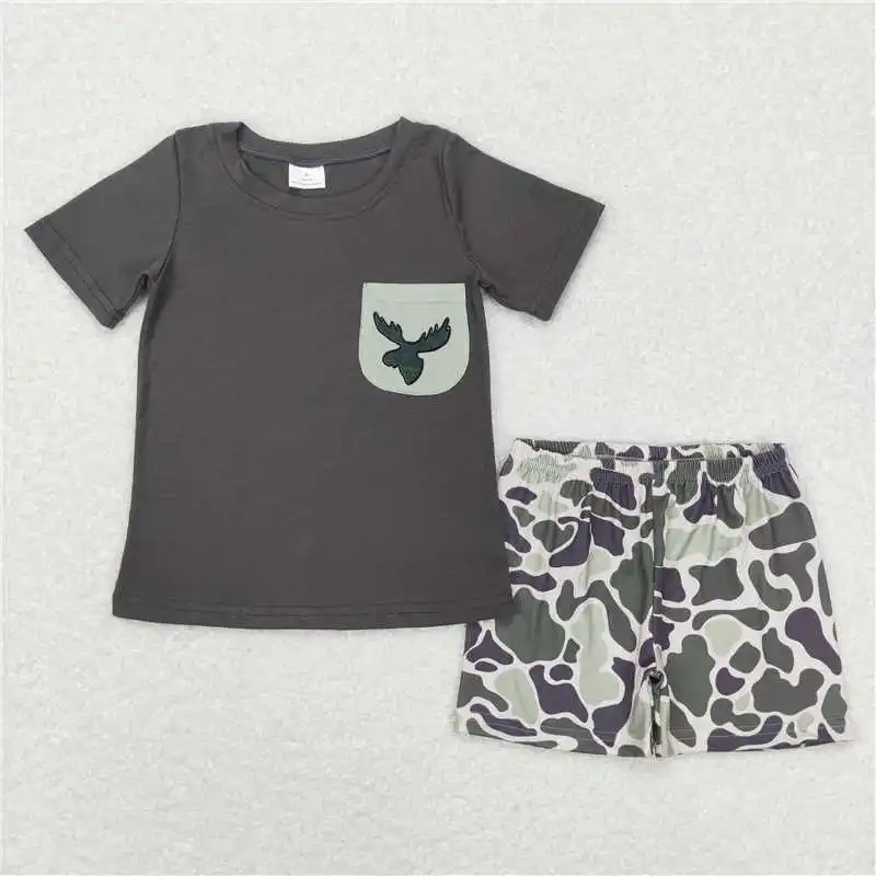 wholesale hot sale children\'s clothing baby boys clothes kids Embroidered camo green short-sleeved shorts boutique set