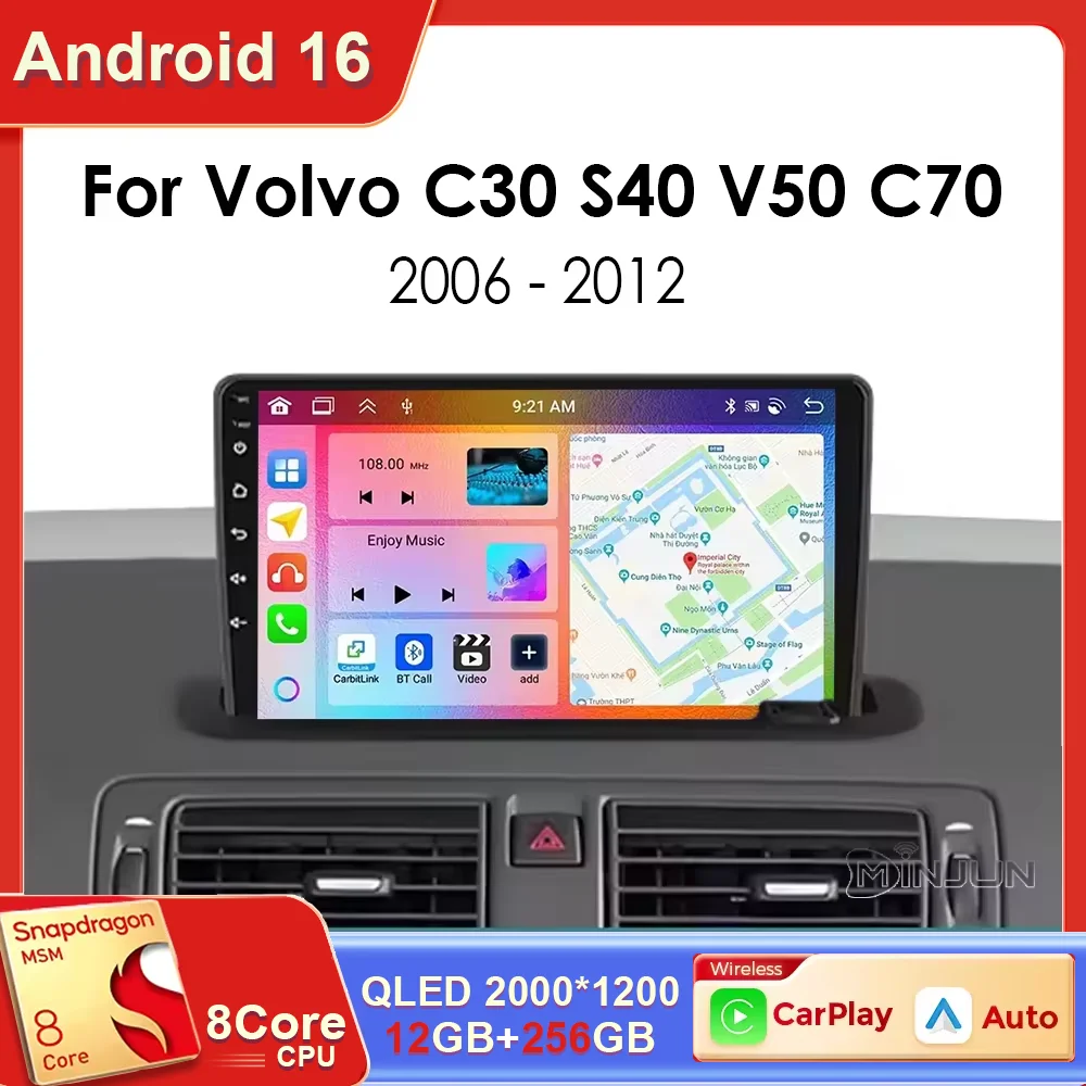 Radio CarPlay Android 15 para Volvo S40 C30 C70 2004-2012, Reproductor Multimedia para Auto, Receptor GPS 2din, Unidad Principal, Pantalla QLED, Autoradio
