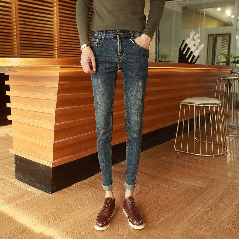 

Джинсы Slim Fit для мужчин, узкие леггинсы, длинные брюки, маленький размер, низкая талия, смесь хлопка и полиэстера, повседневные, модные, осенний сезон