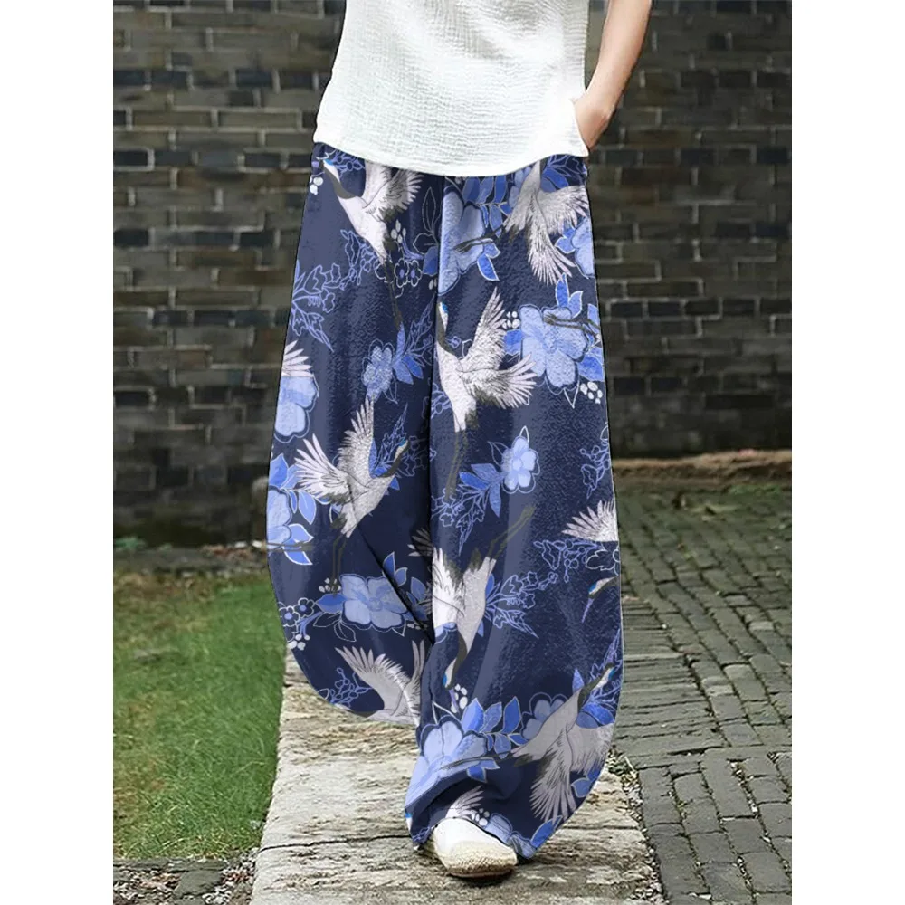 Szczęśliwe Japońskie Żurawie Nadruk Szerokie Nogawki Spodnie Vintage Damskie Klasyczne Spodnie Codzienne Letnie Luźne Streetwear Boho Chic Dół