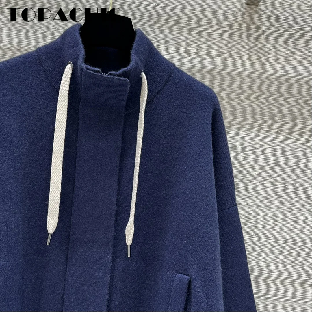 9.1 TOPACHIC-Women Casual Stand Collar Drawstring Double Pocket Elastic Hem Design Cashmere Wool Knit Zipper Cardigan With Vest