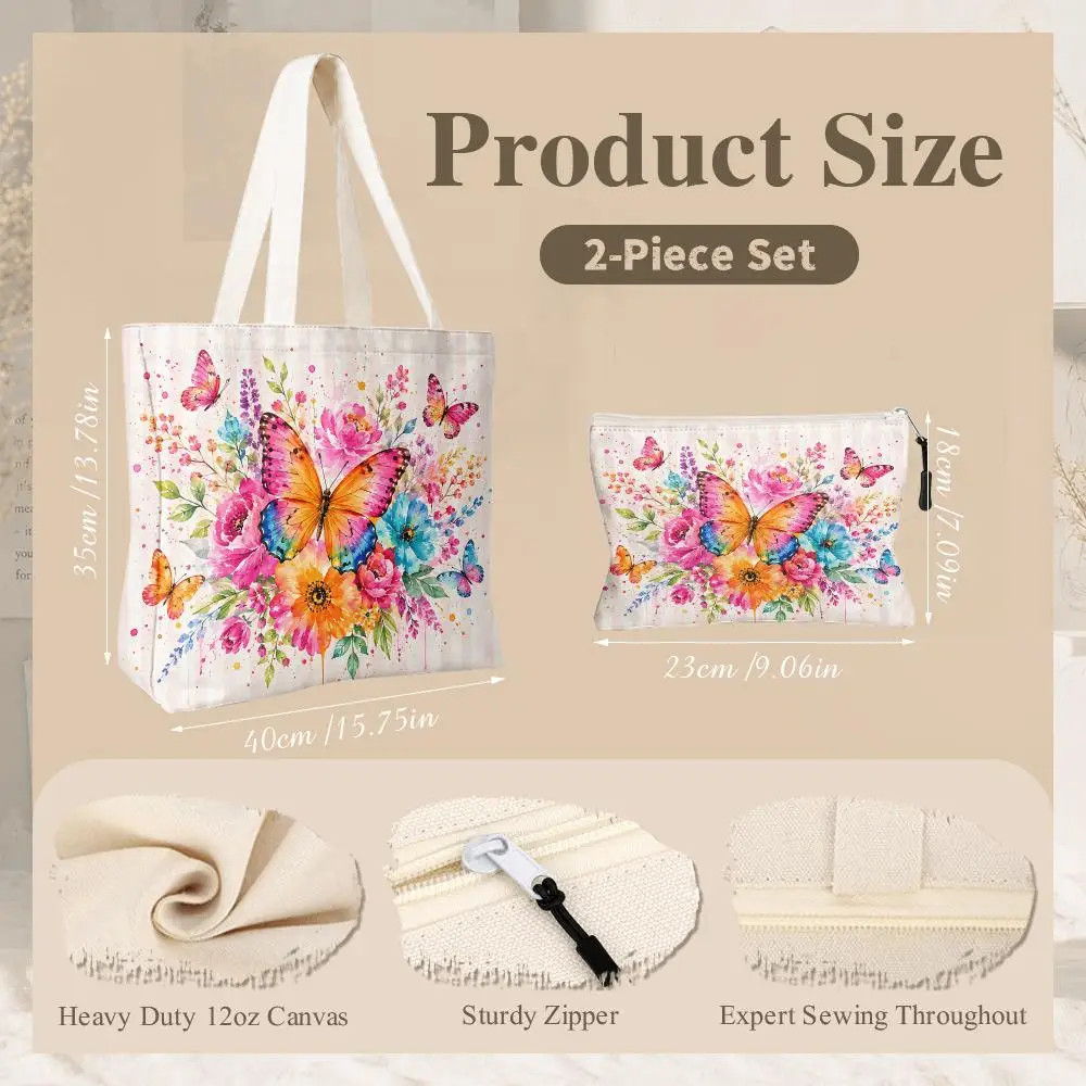 Rainbow Butterfly Storage Bags 2-Piece Women's Canvas Zipper Large Capacity Reusable Daily Commute Shopping&School&Gift