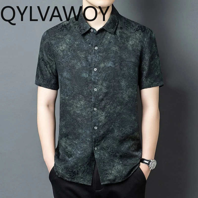 QYLVAWOY 100% Mulberry Silk Men's Shirts Xiangyunsha Shirt Summer Shirts for Man Printed Short Sleeve Tops Menswear Clothing New