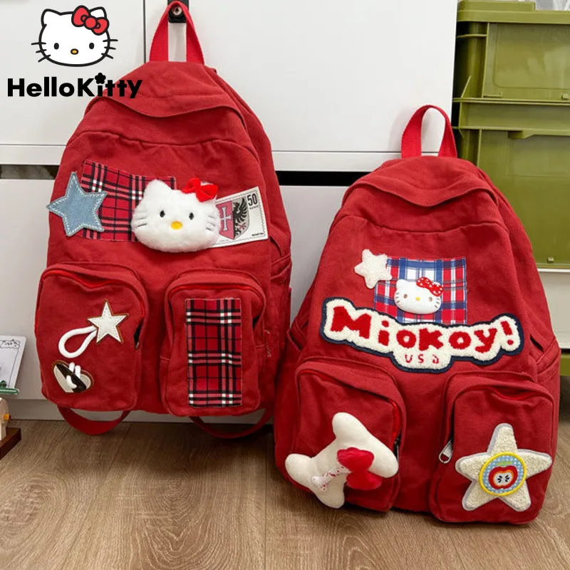 Sanrio Hello Kitty New Trend Bags Red Washed Canvas Backpacks Cartoon Korean Style Schoolbag Large Capacity Shoulder Bag Women