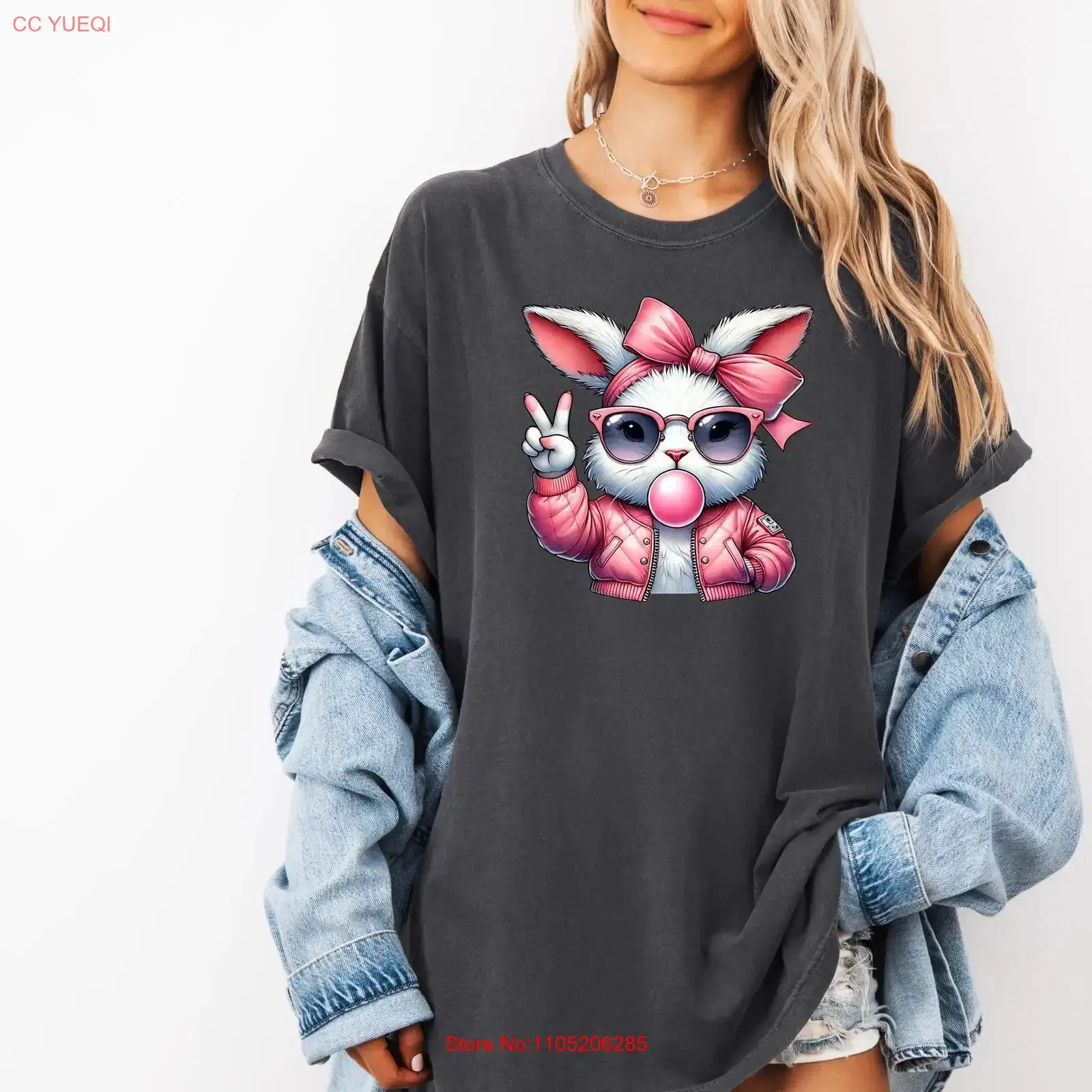 Lapin de Pâques t-shirt gomme soufflant lapin Coquette mignon vêtements de jour de la résurrection pour son vintage lavé décontracté confortable doux