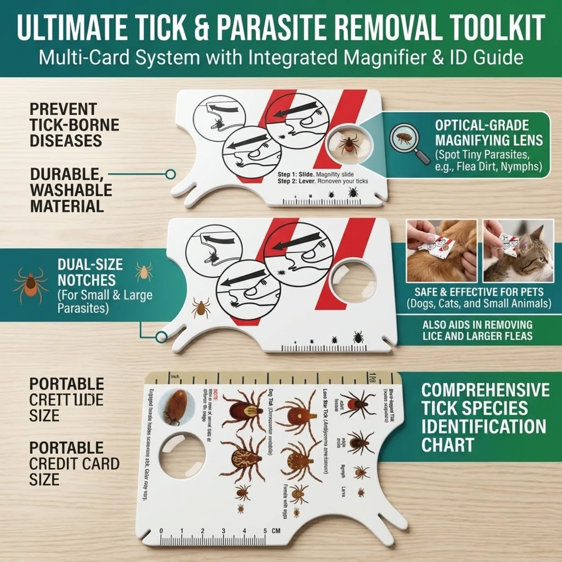 2 Pcs Compact Card-Style Pet Tick Remover Equipped with Magnifying Lens, Lightweight Pocket Tool to Clear Lice and Parasites