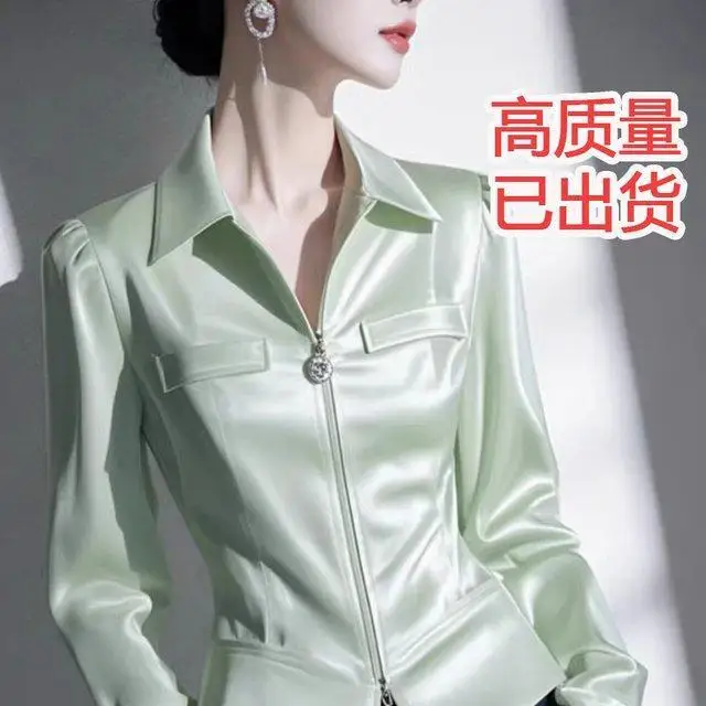 

2025 Spring Green Satin Long Sleeve Blouse for Women Stylish Waist Slimming Shirt Jacket Unique Elegant and Beautiful New Design