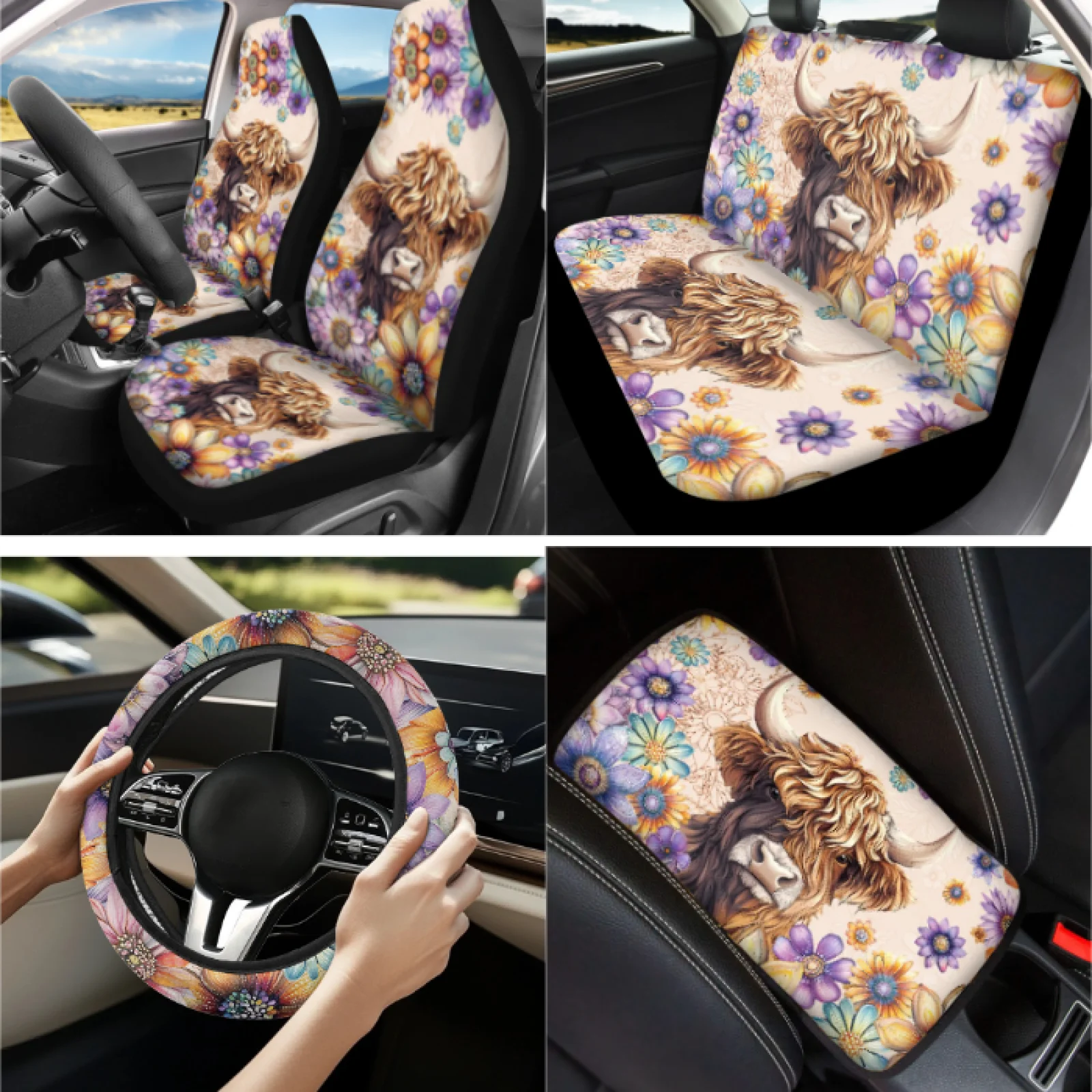 Coloranimal Calf Floral Design 13 PCS Car Accessories Full Set with Comfortable Steering Wheel Cover and Seat Belt Strap Cover
