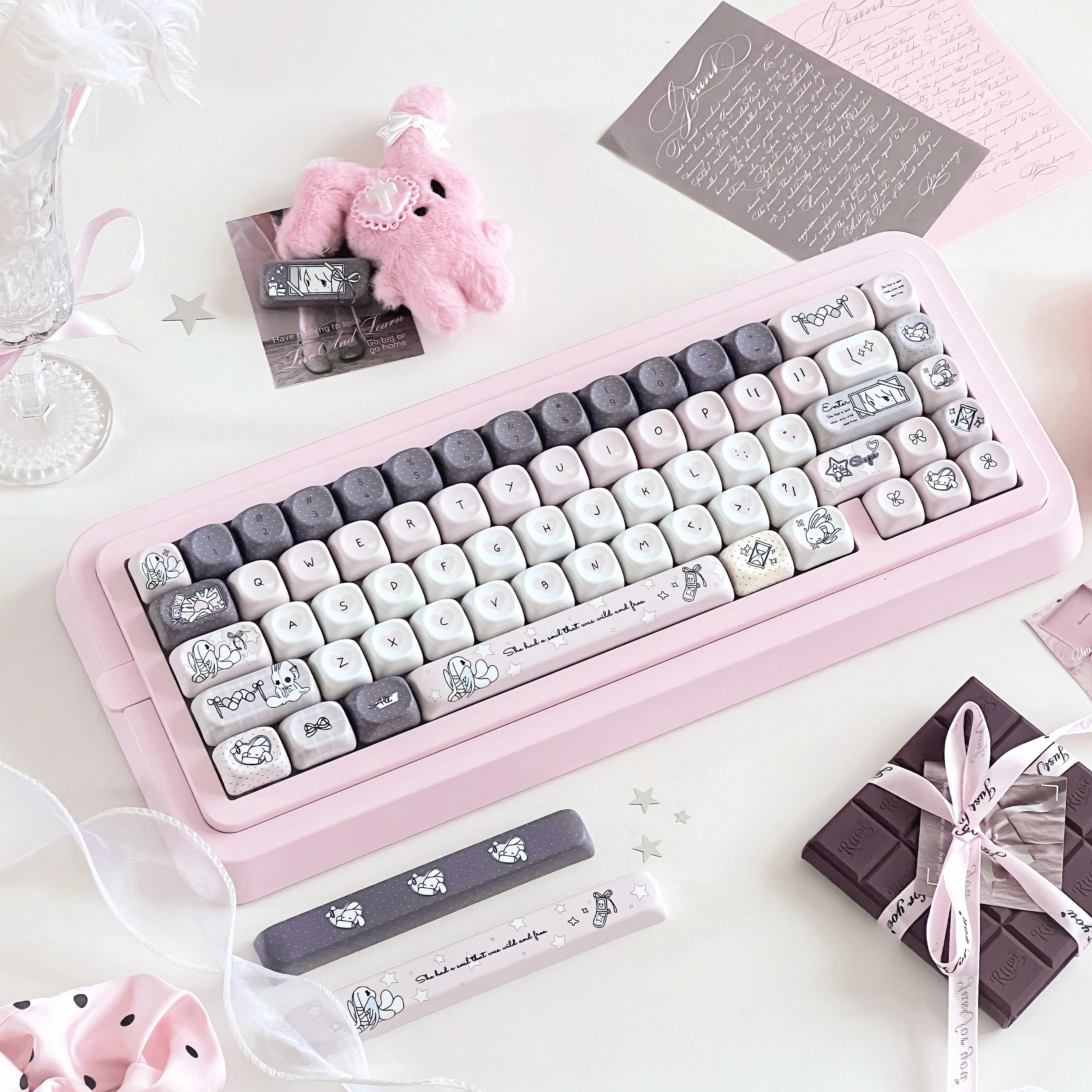 Angel Rabbit Keycaps Pink Girl Cute Cherry Moa PBT Hot Sublimation KeyCaps for Made68 Mad68 Wooting 60 Mechanical Keyboard