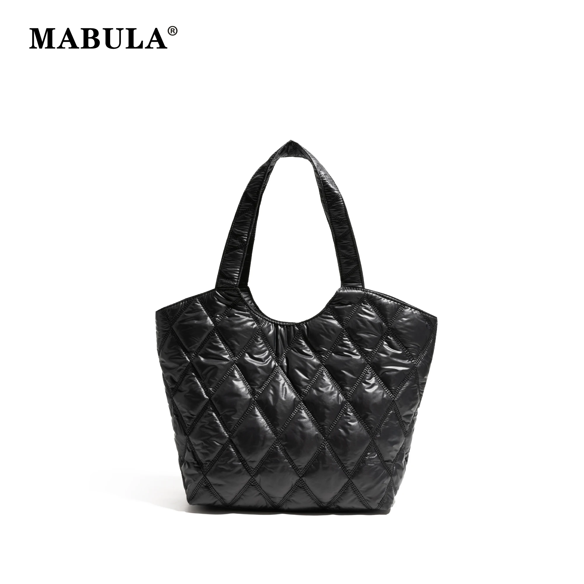 

MABULA Argyle Padded Down Quilted Tote Handbag Simple Casual Large Capacity Shoulder Shopping Bag Winter Practical Commuter Bag