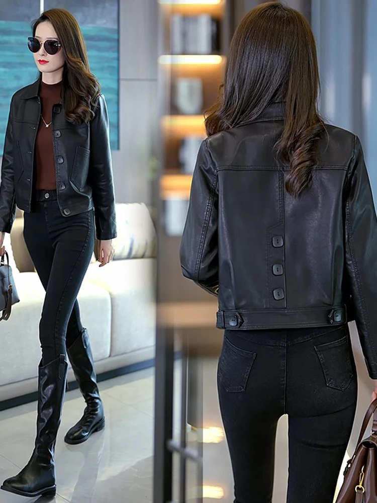 ファッショナブルなPUレザージャケット レディースコート 春秋新作 高級感のあるレディーストップス ボタンディテール付きジャケットデザイン