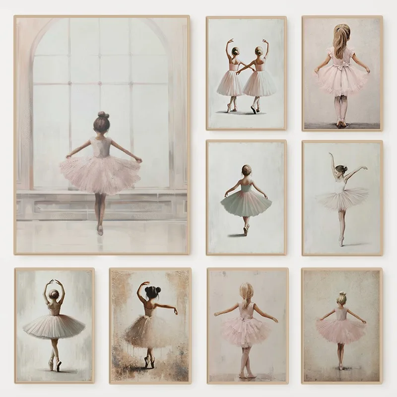 (No frame)Vintage Ballerina Little Girl Poster Nostalgic Ballet Dancer Canvas Painting Girly Wall Art Pink Girls Room Nursery