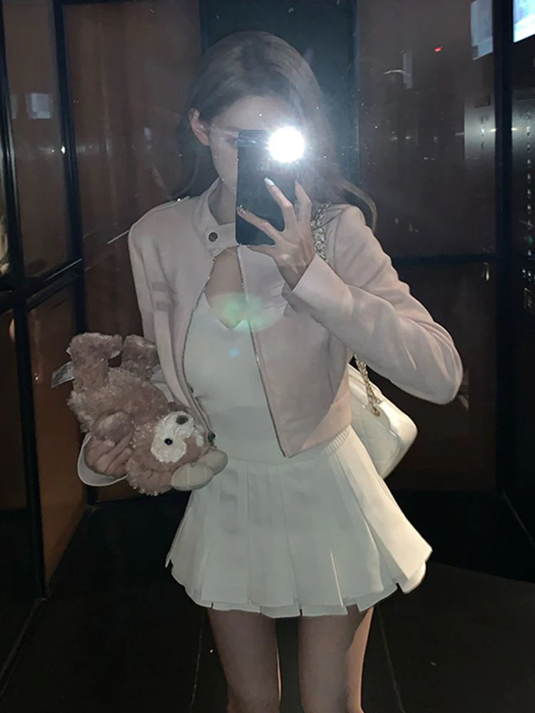 Pink Deer Suede Motorcycle Jacket Short Outerwear Women's Autumn 2026 New High Waist Slimming Bodycon Skirt Two-Piece Set