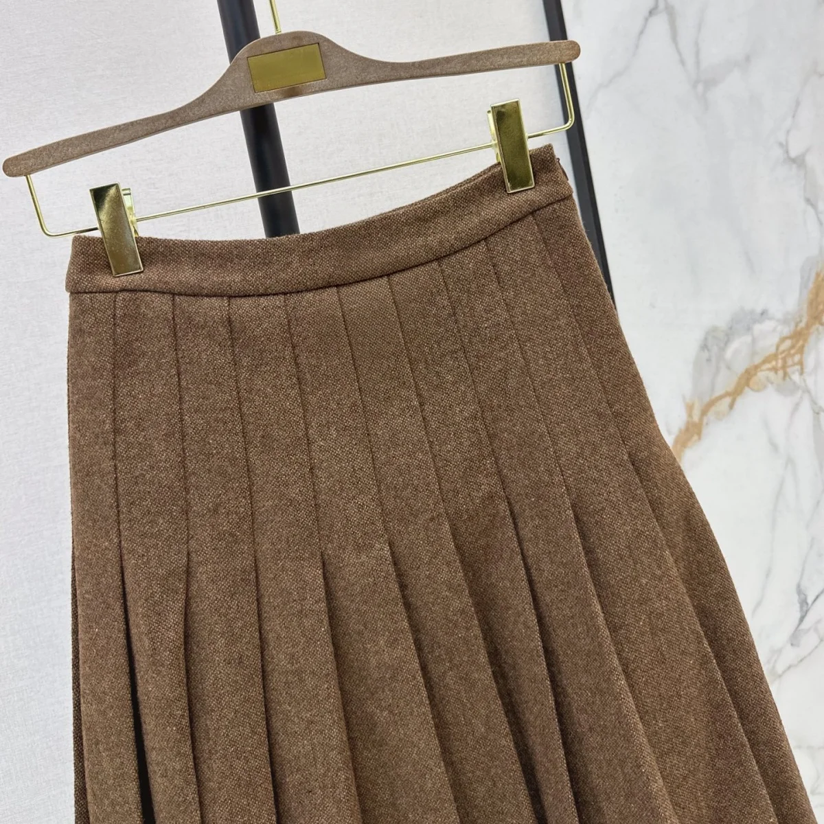 2026 Women Brown Wool Blend Pleated Midi Skirt, High Waist A Line Skirt with Lining261021128