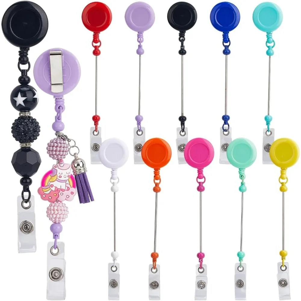 10pc Beadable Badge Holders - Retractable Reel with Bar Clips ID Name Badge Holder for Women Nurse Doctor Teacher