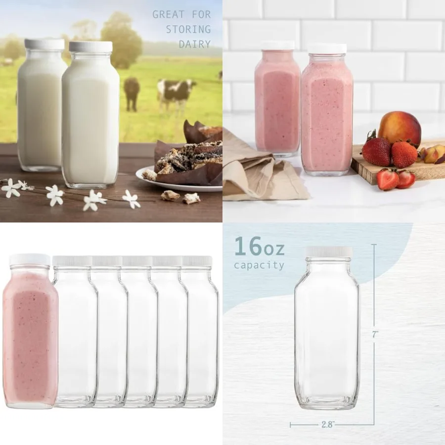 

Square Glass Milk Bottles with Lids Reusable Glass Bottles for Milk, Creamer, Juice, Smoothies, Kefir Yogurt Airtight Vintage D