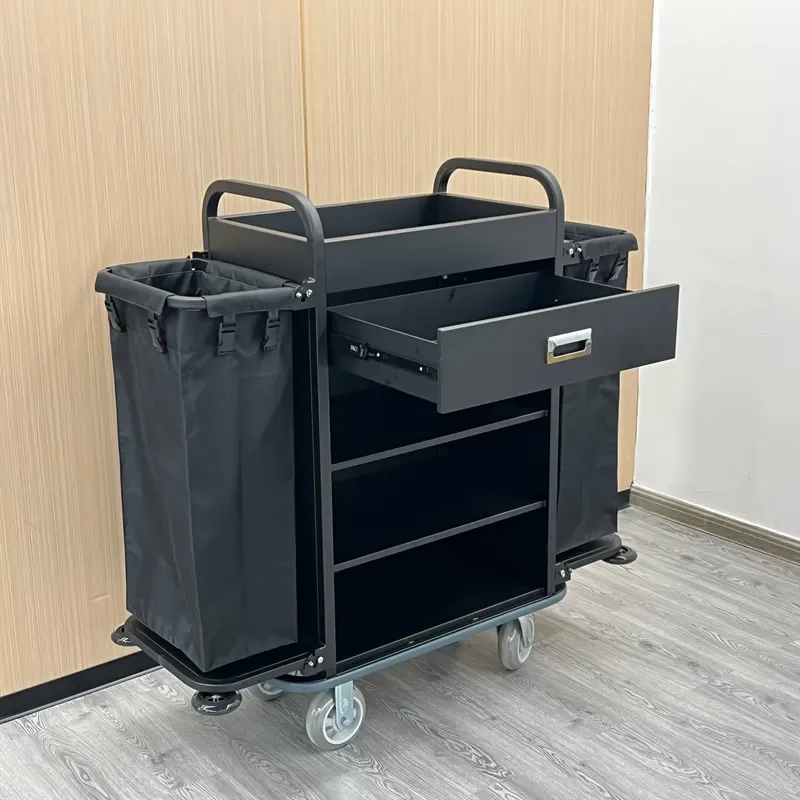 Stainless Steel Housekeeping Cart For Hotel Restaurant Cleaning Trolley Professional Service Maid Utility Caddy