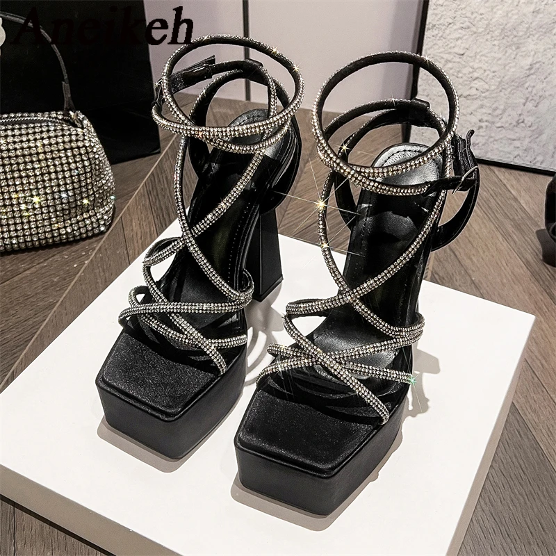 Aneikeh Water Diamond Hollow Open Toe Fashion Sexy Super High Heel Sandals Night Club Steel Pipe Dance Shoes Gladiator Sandals