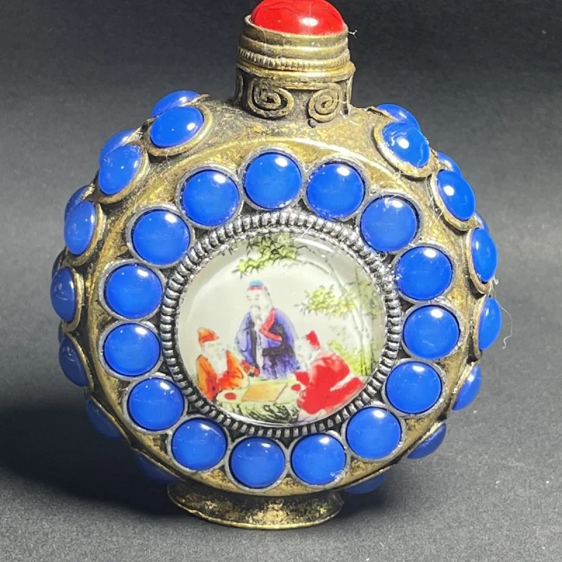 

Han Dynasty Antique Tibetan Pure Copper Double-Sided Inlaid Gemstone Inner Painting Handicraft Snuff Bottle Old-Style Bottle Che