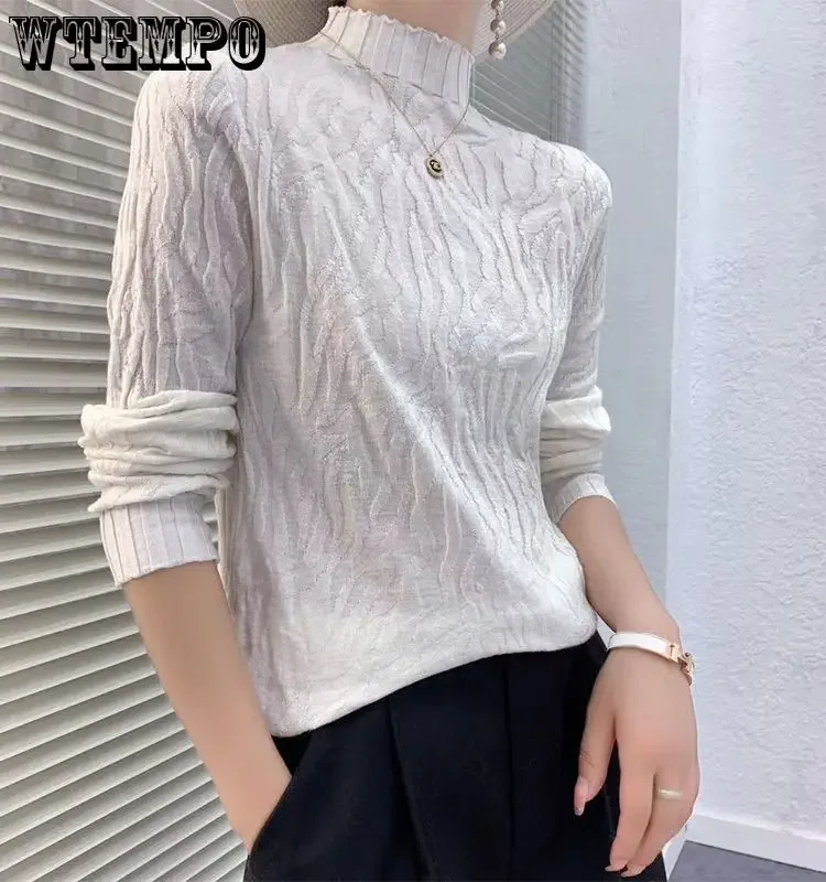 WTEMPO Women Autumn Winter Korean Half High Collar Basic Knitwear Long Sleeve Slim Knitted Sweater Solid Pullover Tops Ropa