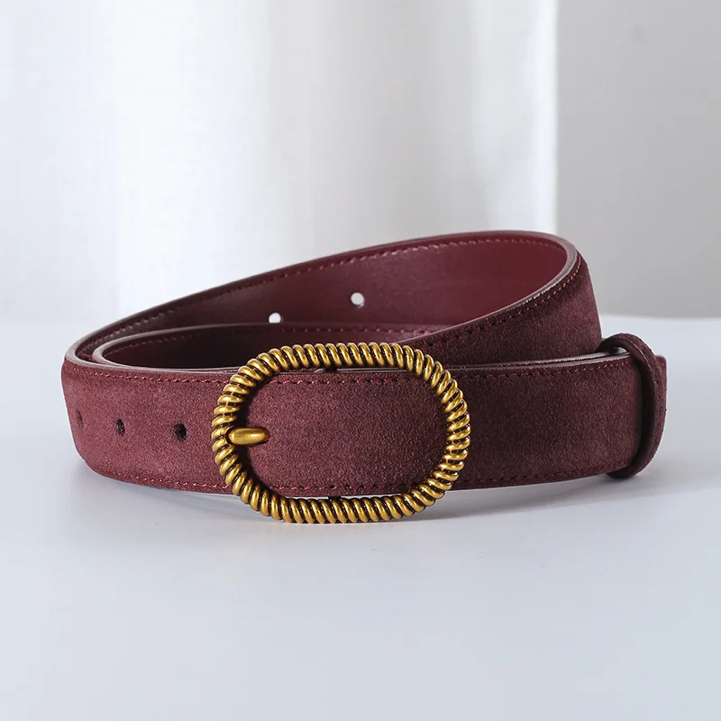 Vintage Real Leather Suede Waist Belts for Women Metal Twisted Buckle Plain Cowhide Suede Leather Jeans Belts Ceinture Homme