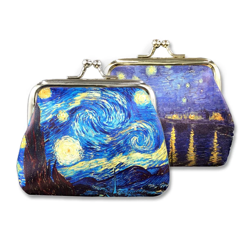 Fashion Van Gogh Oil Painting Pattern Coin Purse Women Vintage Buckle Small Leather Wallet The Starry Night  Female Car Key Bag