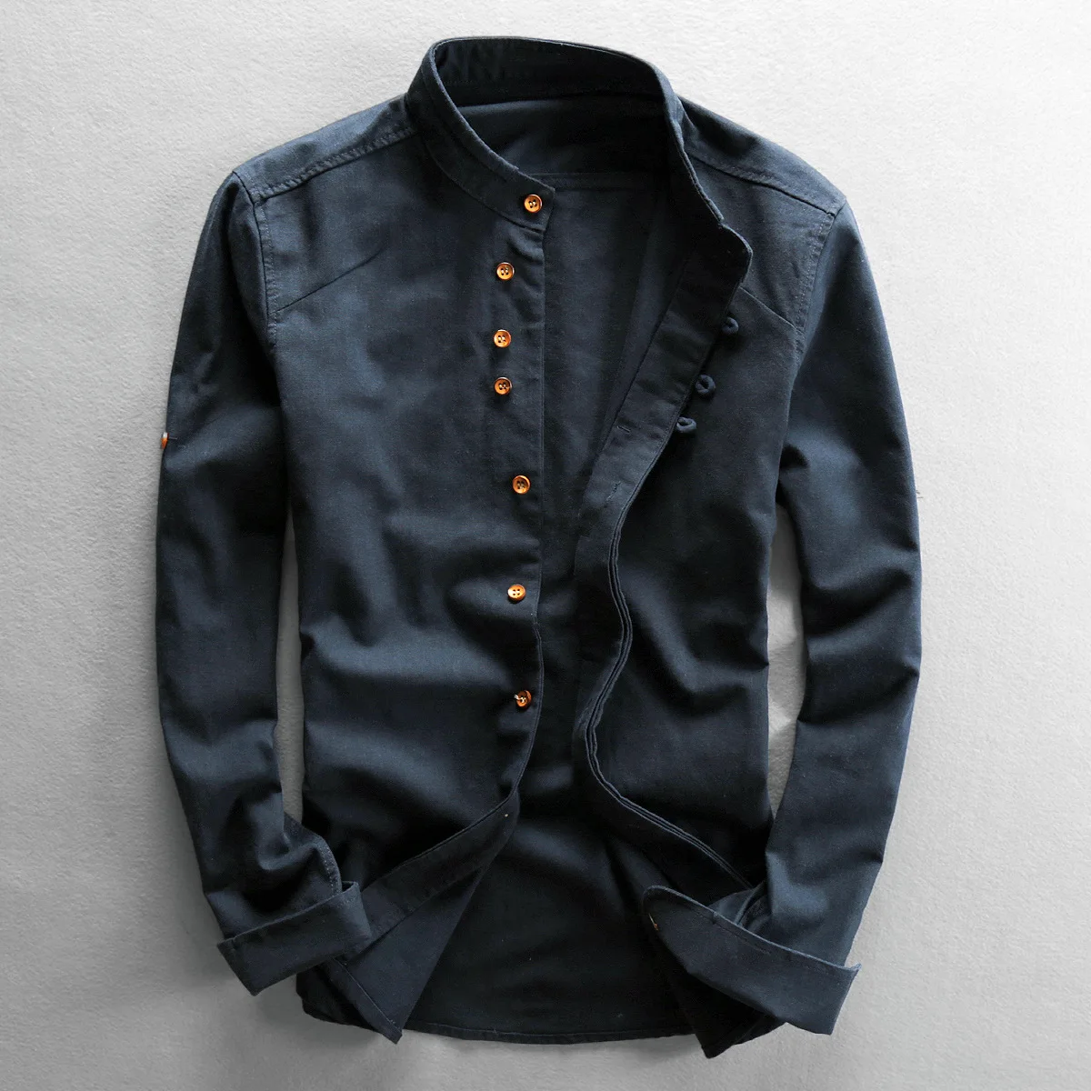 Men's Casual Linen Shirt Vintage Chinese Style Thin Vertical Nine-Quarter Sleeve  Collar Fleece Lined Thickened Autumn Wear