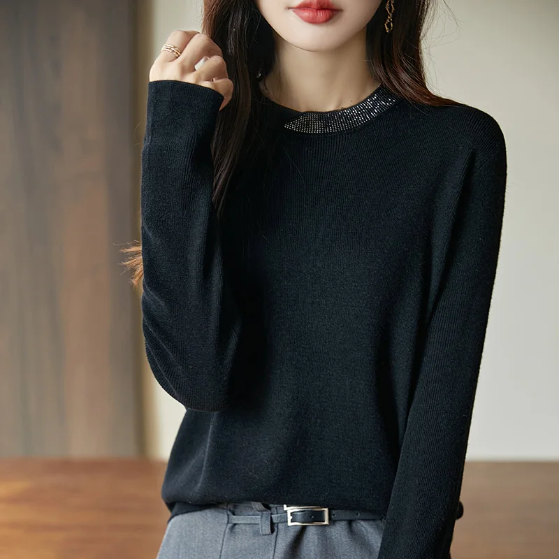New Round Neck Spun Wool Sweater For Women, Long Sleeved Loose And Versatile Pullover, Fashionable  Versatile Knit Base Sweater