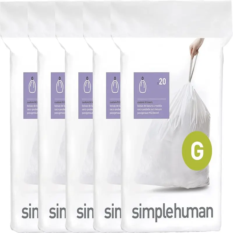 simplehuman Code G 100 unidades, paquete dispensador de revestimientos de ajuste personalizado, bolsas de basura con cordón, 30 litros / 8 galones, blanco