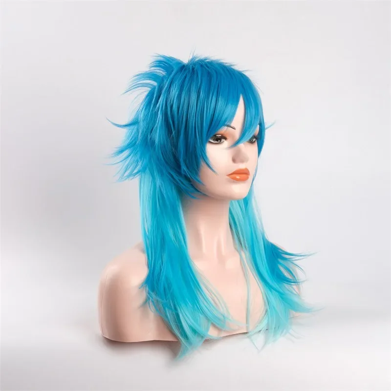 Wig rambut berombak biru panjang campuran Fashion untuk wanita Wig pesta Cosplay Halloween Natal