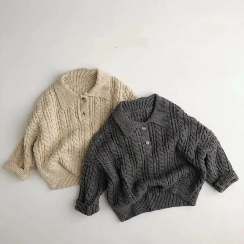 

Autumn New Children Long Sleeve Lapel Sweater Baby Boys Solid Knitted Pullover Fashion Girls Loose Casual Knitwear Kids Clothes